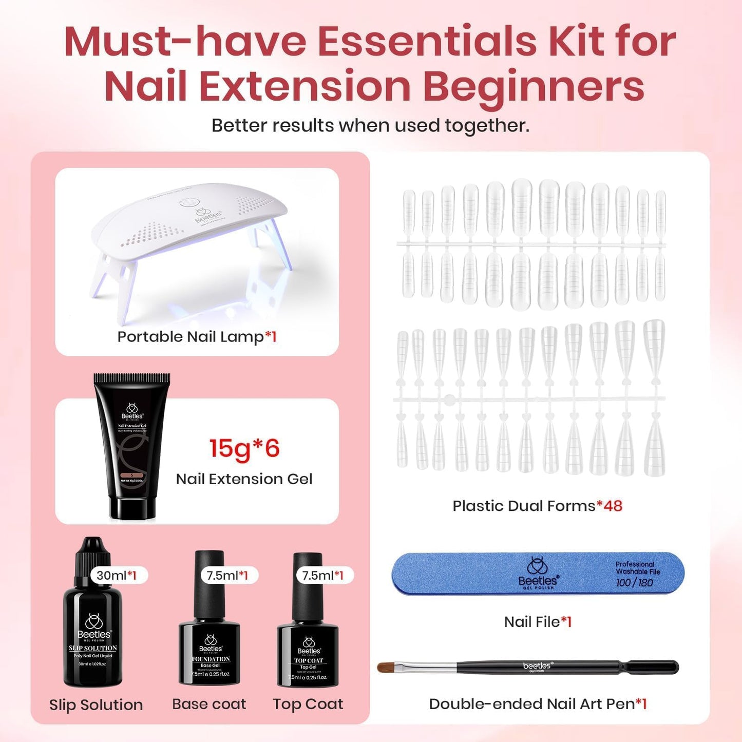 Beetles 22 Colors Poly Extension Gel Nail Kit With U V Lamp Jelly Nude Pink All In One Poly Nail Gel Starter Kit With Base Top Coat Manicure Salon Gift for Women Girls