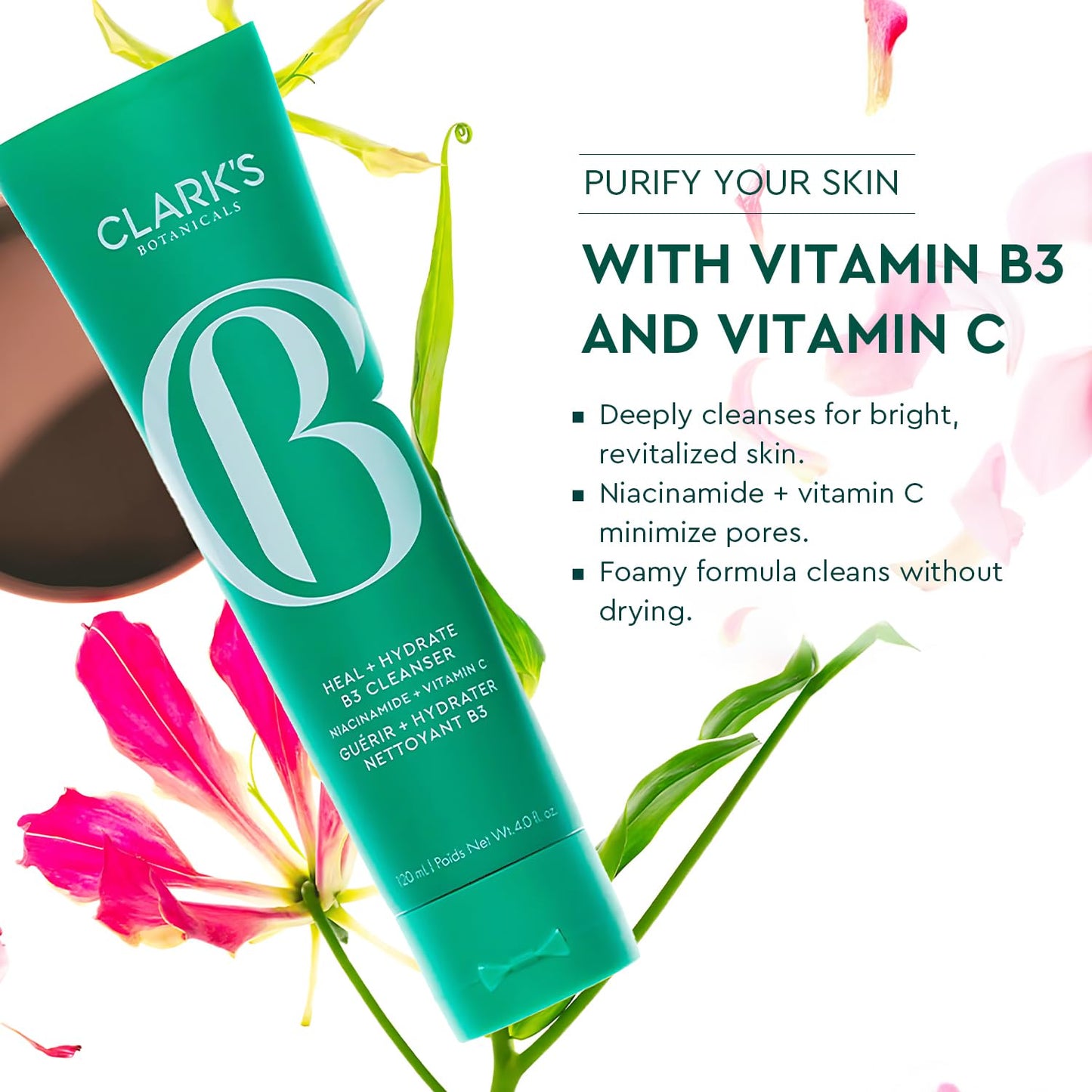 Clark's Botanicals Heal + Hydrate B3 Cleanser, Daily Deep Clean Niacinamide Face Wash with Vitamin C for Clarifying and Minimizing Pores, 4 Oz (Pack of 1)