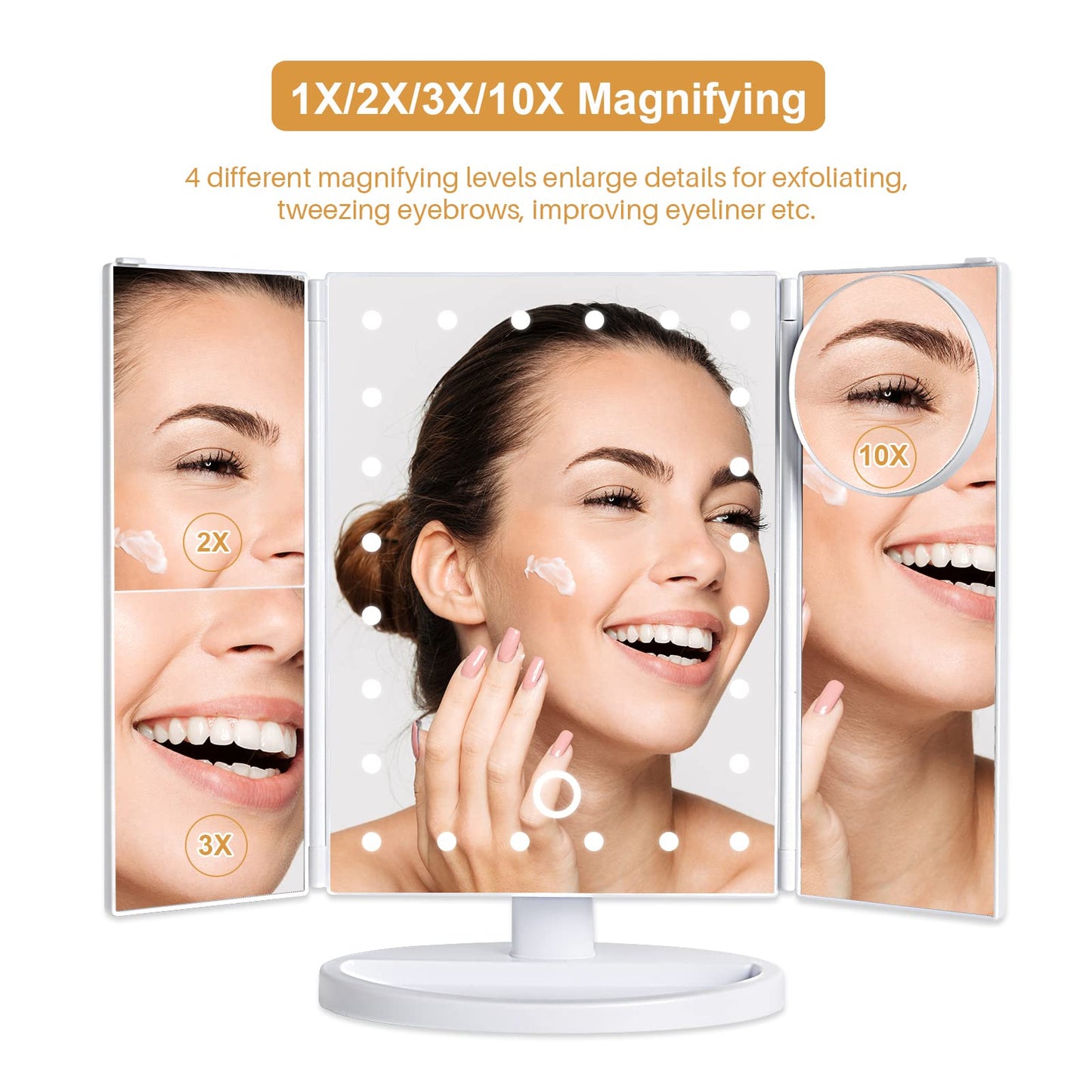 bemelux Tri-fold Vanity Mirror Light with 10x Magnetic Small Lens, 1X/2X/3X Magnification, Touch Control, Foldable, Dual Power Supply, Detachable LED Vanity Mirror.