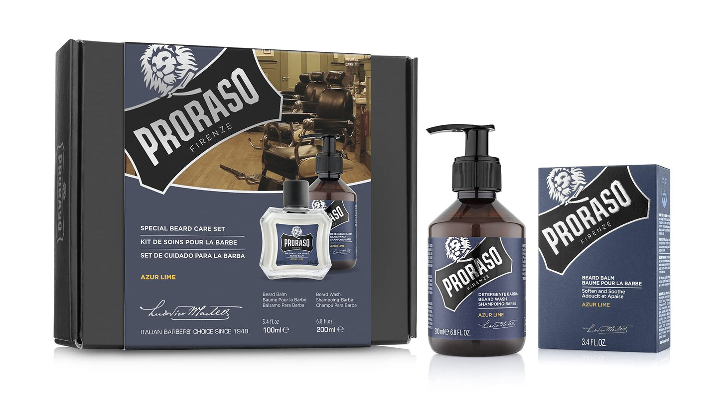 Proraso Azur Lime Beard Care Duo Kit - Beard Wash and Balm with Fresh, Citrus Scent for New or Short Beards - Premium Italian Gift Set for Men