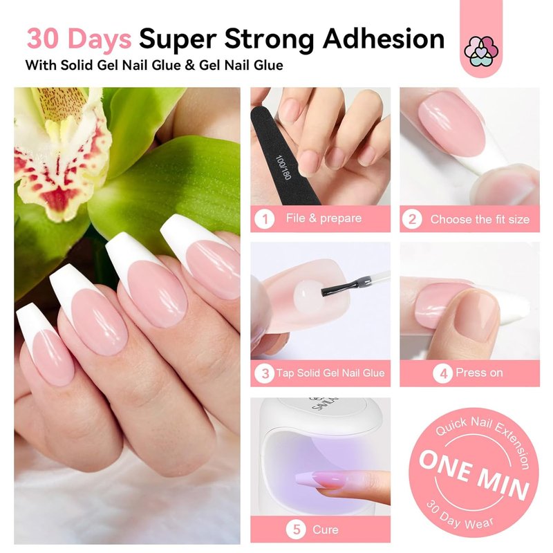 SAVILAND Gel Nail Kit - 16 Sizes French Tips Press-On Nails with Drill & UV Lamp | Coffin Shape Soft Gel