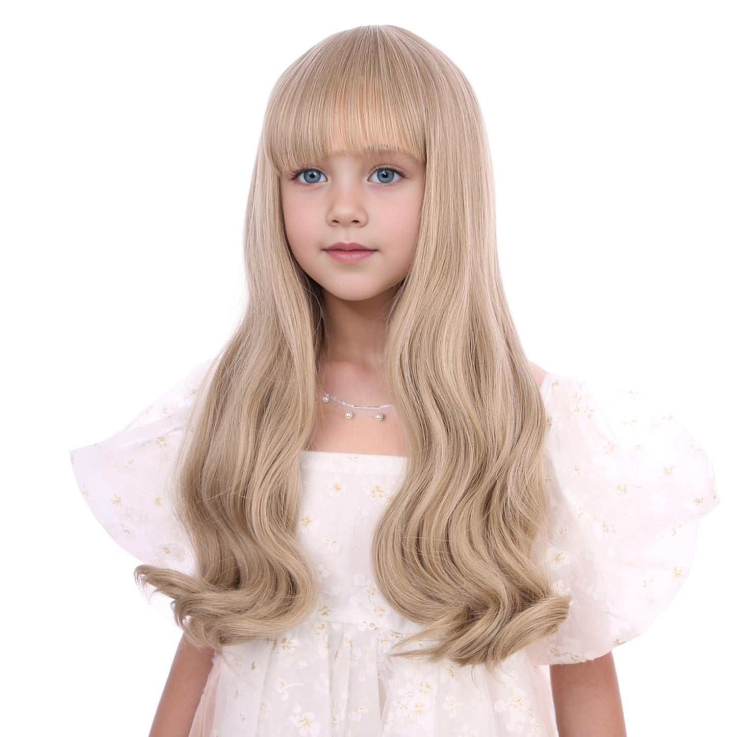 Edivd Mixed Blonde Wig for Kids Child Long Ash Blonde Wig with Flat Bangs Long Wavy Curly Wigs for Girls Heat Resistant Synthetic Wigs with Cap
