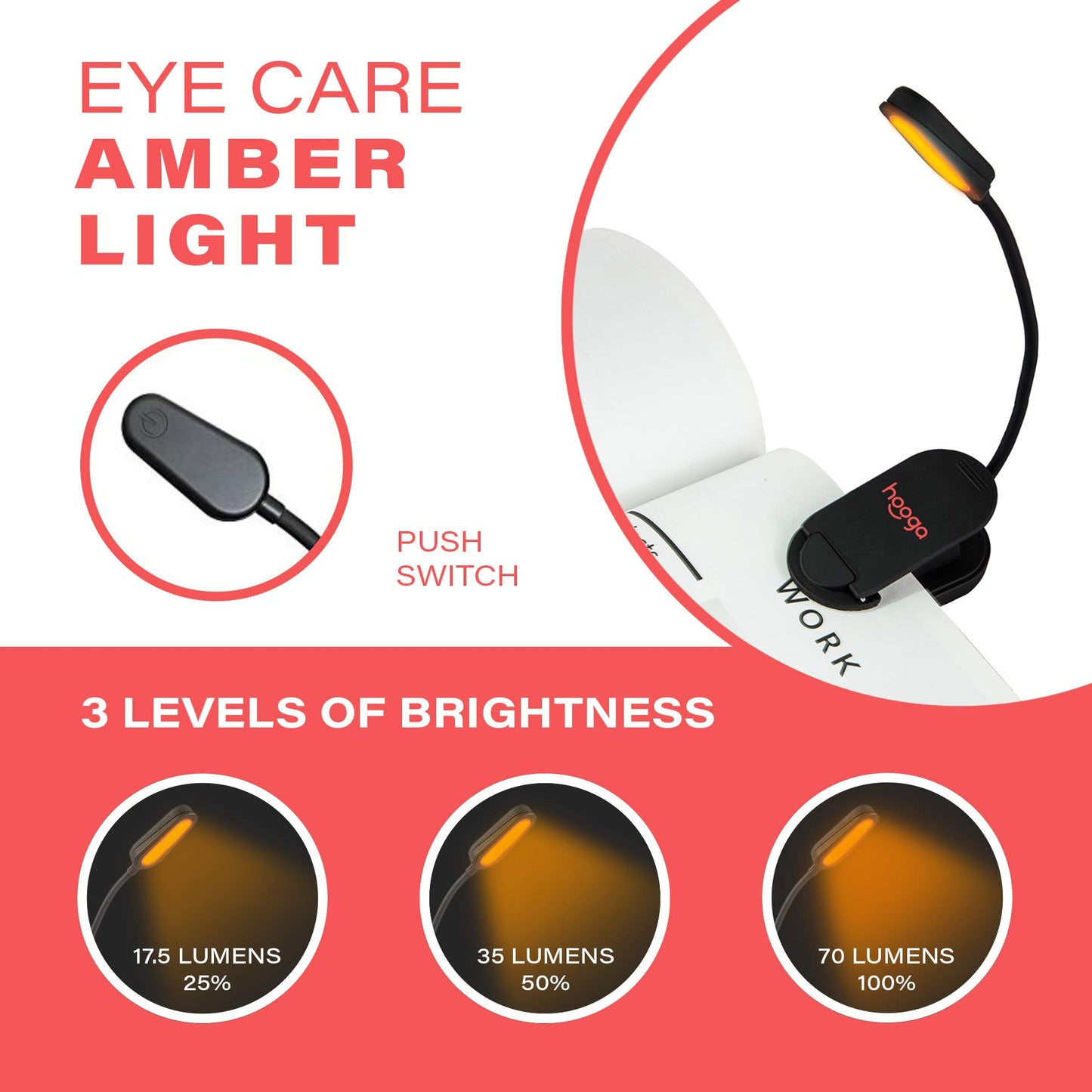 hooga Amber Book Light, Rechargeable Clip-On Blue Light Blocking LED Reading Light, 1600K Warm Eye Care for Bed, Students, Kids, Travel, Nursing, Studying