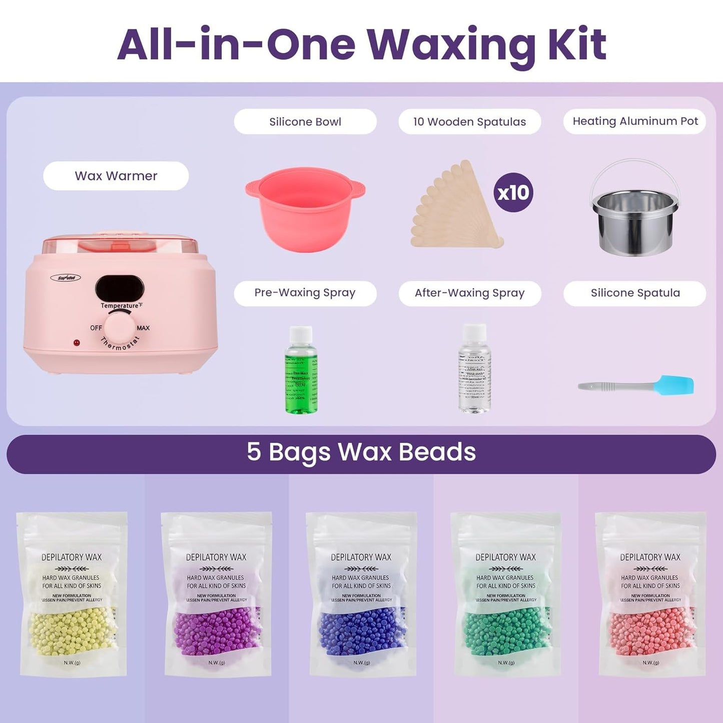 Brazilian Waxing Kit - Hard Wax Warmer with 5 Beads | Digital Display for Full Body, Legs, Face, Bikini, Sensitive Skin - Pink