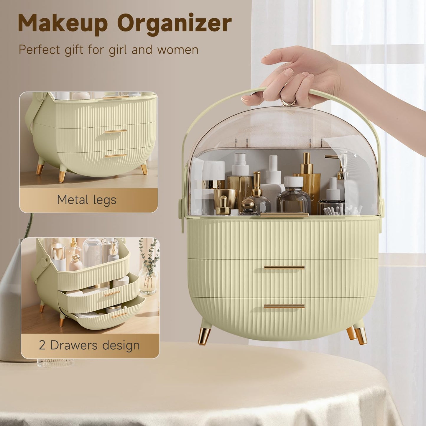 BTGGG Makeup Organizers, Make Up Organizer for Vanity, Countertop Cosmetic Storage with Drawers and Transparent Cover for Bedroom Bathroom, Maize-yellow