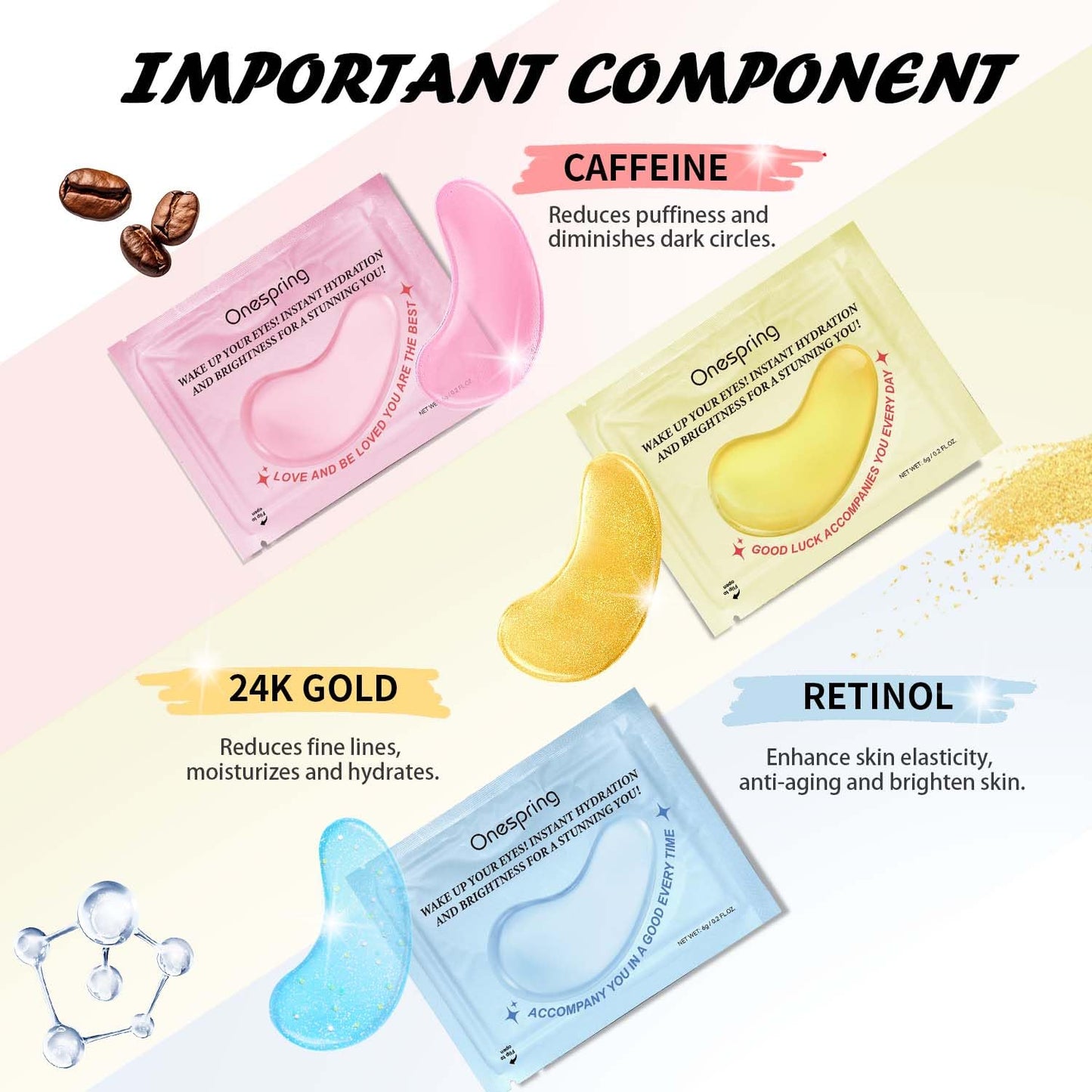 Onespring Eye Masks (24 Pairs) - Gift for Her - Caffeine, 24K Gold and Retinol Under Eye Patches for Puffy Eyes, Dark Circles & Fine Lines, Bachelorette Party Favors, Bridesmaid Gift