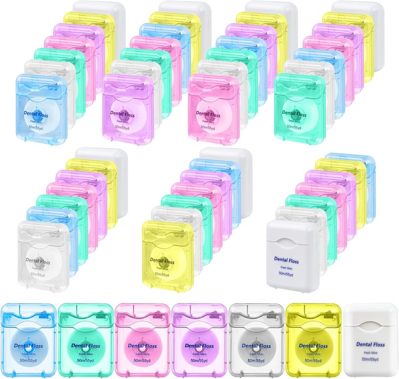 Dental Floss Bulk Travel - Mint Flavored Waxed Oral Care | 50m/55yd, Pack of 70, 7 Colors