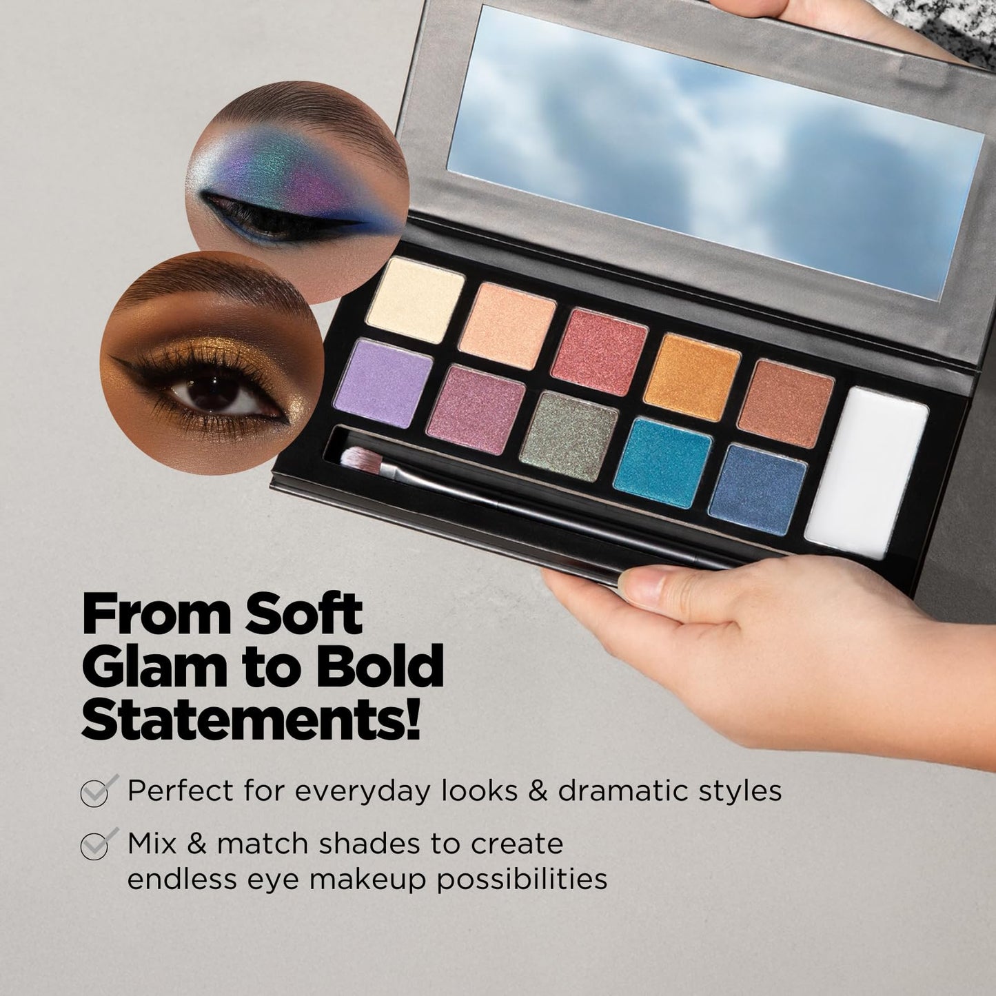 Klasme Endless Party Eyeshadow Palette | 10 Highly Pigmented Shimmer Shades | Vibrant Colors for Bold Looks | Includes Dual-Ended Brush & Primer