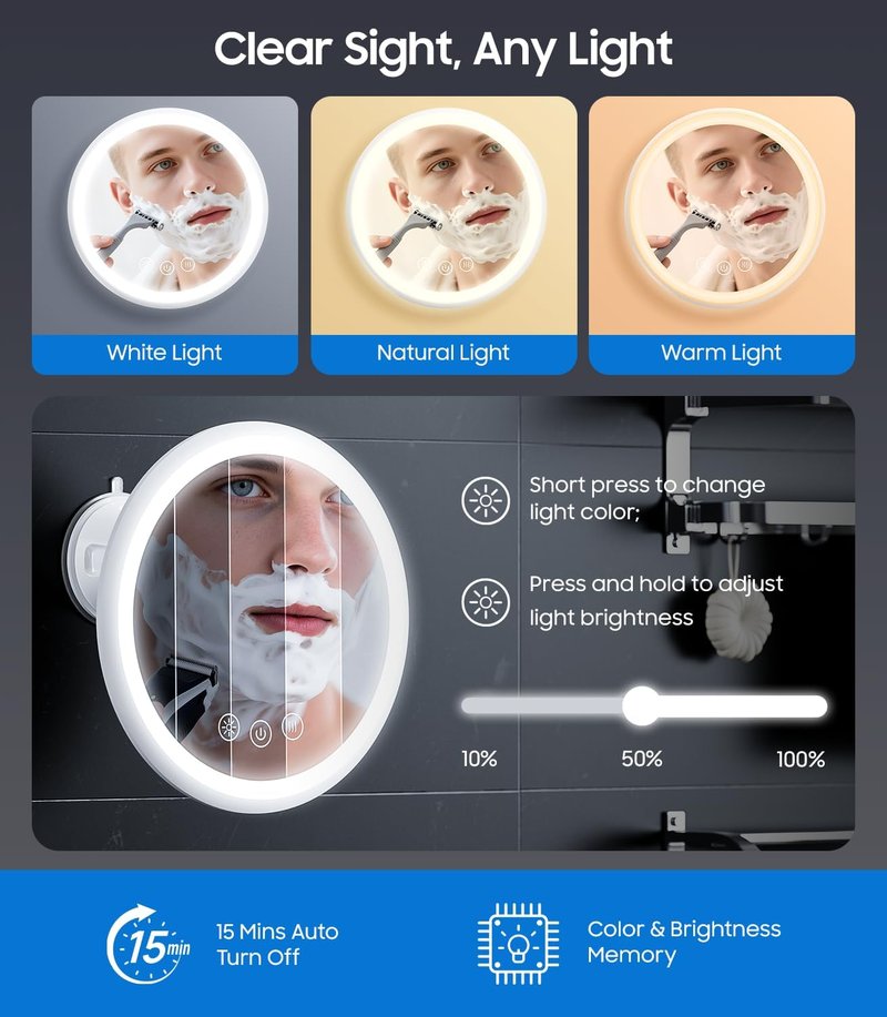 Fogless Shower Mirror with Light - 5000mAh Rechargeable Heated Design | 8.3” Dimmable, 360° Swivel for Men