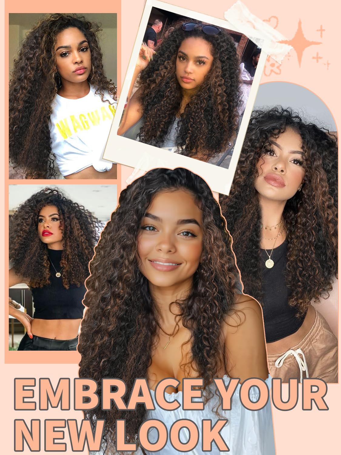 TENACOO Highlight Brown Glueless Curly Wig Dark Brown Mix Light Deep Wave Synthetic Lace Front Wig 24 Inch 4x1 Lace Closure Ombre Brown Long Curly Wigs for Black White Women