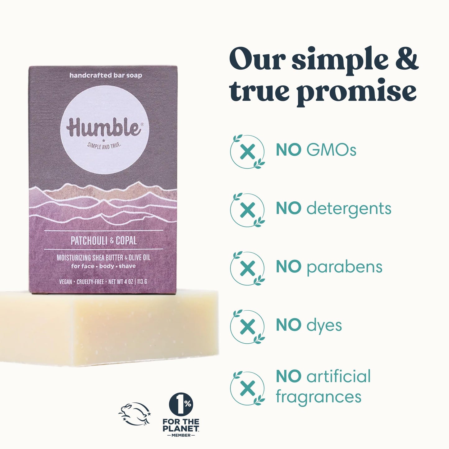 Humble Moisturizing Face & Body Bar Soap, Patchouli & Copal - 3 Pack