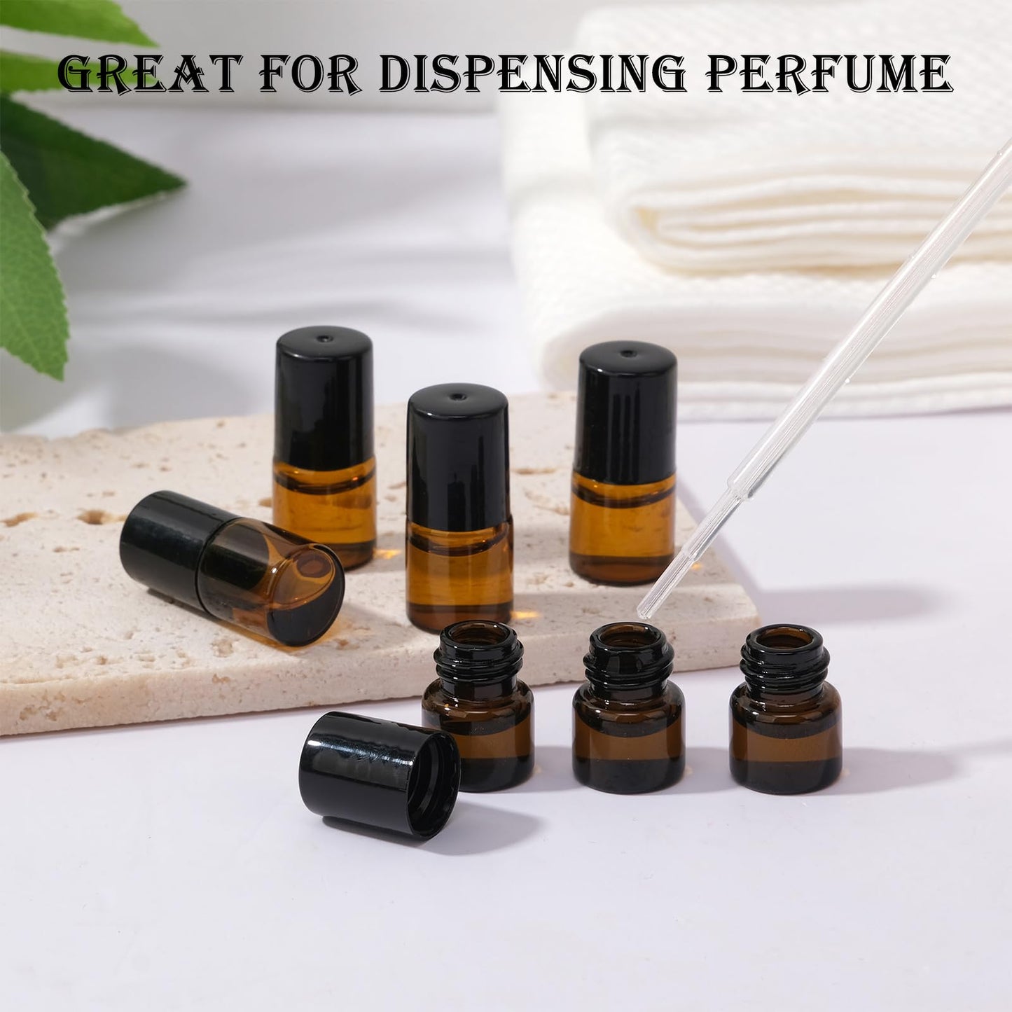 RAMFIYN 120 pack Amber Roller Bottles for Essential Oils 2ml Refillable Roll on Applicator for Travel Mini Makeup Containers with Pipettes and Bottle Opener