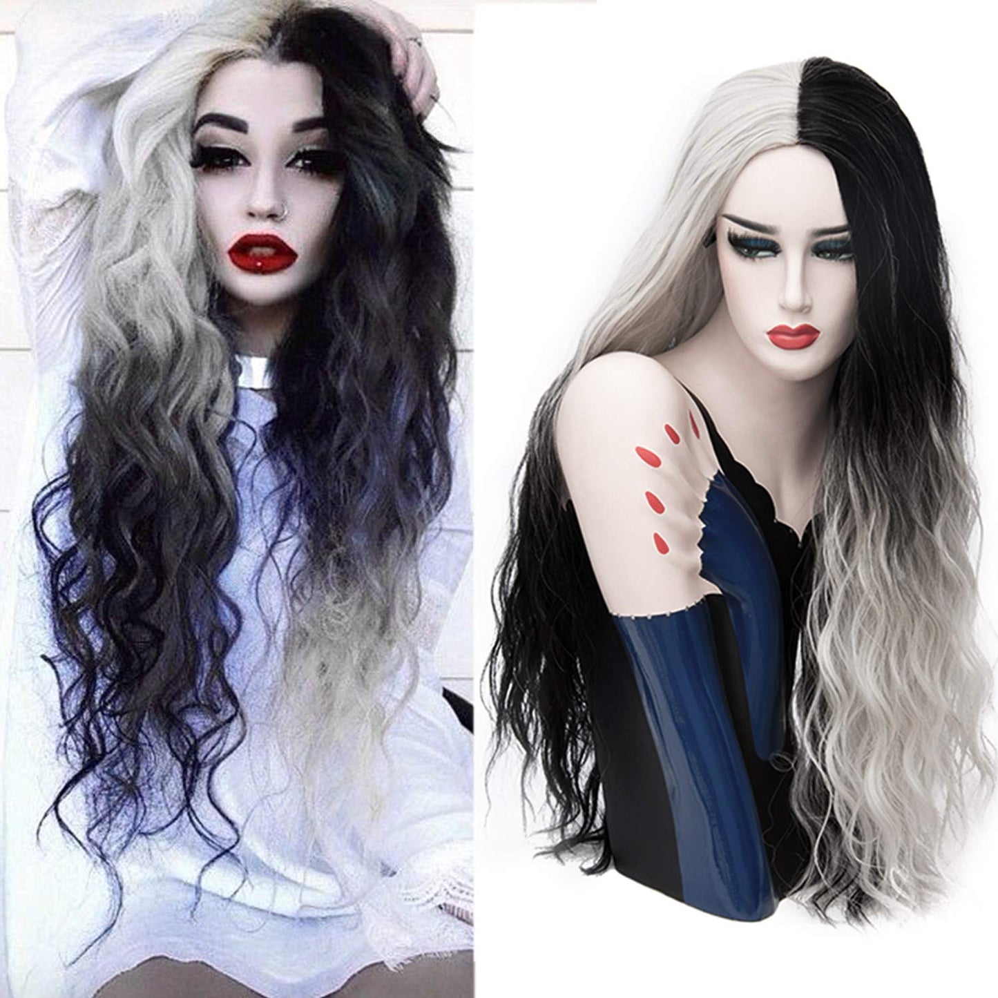 Mildiso Long Wigs for Women 26'' Black White Wig Cute Colorful Hair M051