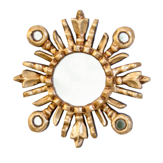 DecorContreras Small Sunburst Mirror 6" - Peruvian Handmade Wall Decor - Carved Wood with Gold Bronze Leaf & Vintage Walnut Finish - Petite Round Mirror for Gallery Wall (Gold)