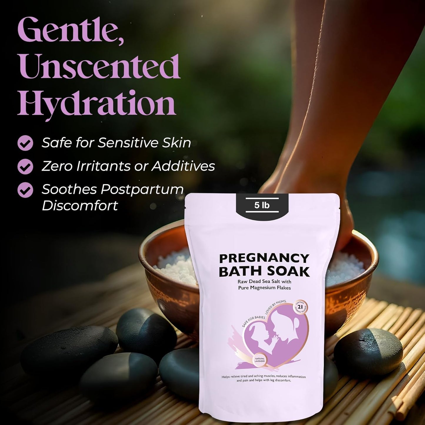 Aromasong Dead Sea Pregnancy Bath Soak - Natural Lavender Magnesium Flakes for Muscle Relief | 5 LB