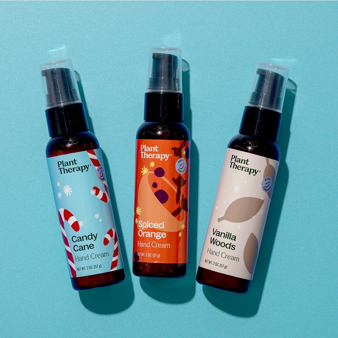 Plant Therapy Frosted Holiday Hand Cream Trio Set, Festive Trio with Three Seasonal Scents, Silky, Non-Greasy Hydration Anytime, Anywhere, Perfect for Gifting, Travel, or Stockings, Naturally Scented
