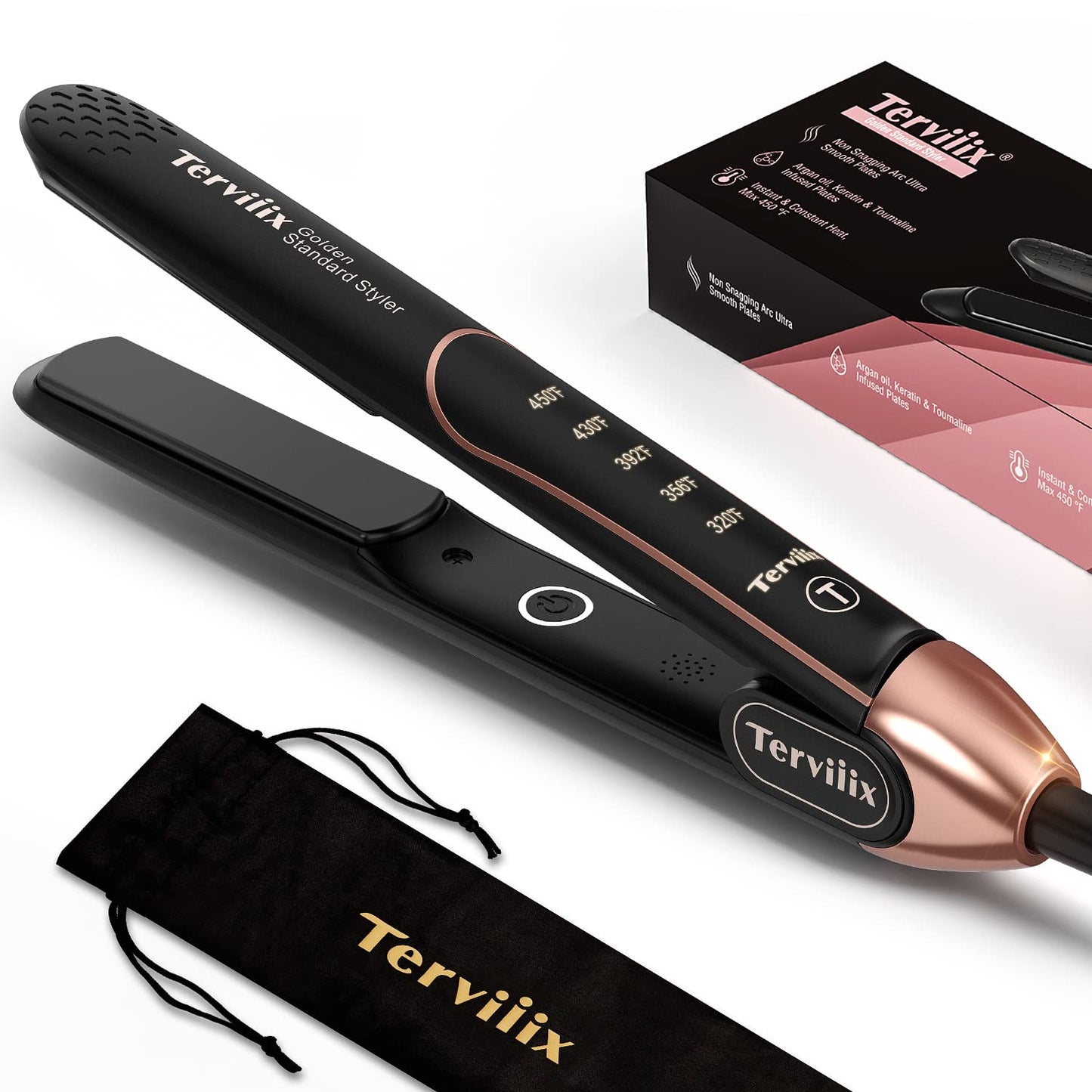 Terviiix Non-Snagging Ceramic Flat Iron Hair Straightener 1 inch, Plancha De Cabello,3X Less Damage Hair Straightener and Curler, 15s Fast Heating, 5 Adjustable Heats, Max 450°F