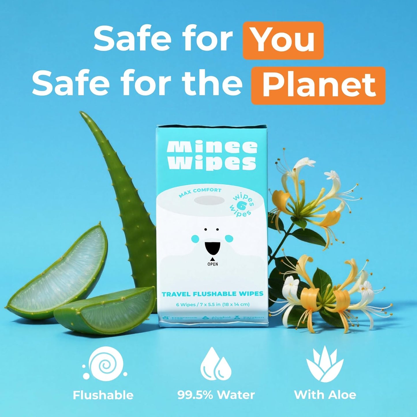 Travel Flushable Wipes - 99.5% Water & Aloe - Hypoallergenic & Unscented - 8 Pack of 48 Wipes for Adults & Kids