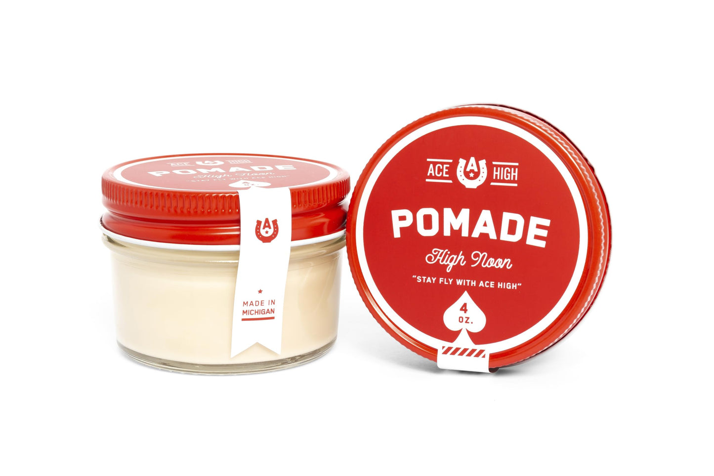 Ace High, High Noon Pomade, Barbershop Scent, Strong Hold, Natural Shine, Water Based, Hand Crafted, 4oz