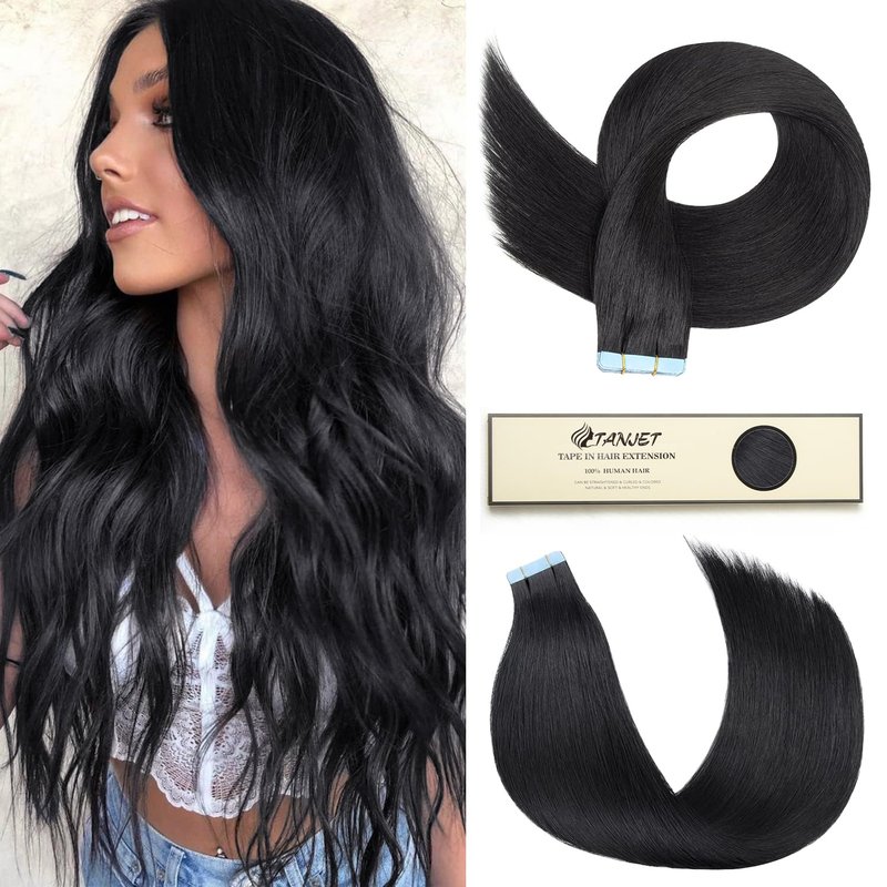 TANJET Tape in Hair Extensions Off Black Tape in Human Hair Extensions 100% Remy Hair Invisible Seamless Skin Weft Human Hair Tape in Extensions (#1B 18 Inch 20pcs 50g/Pack)