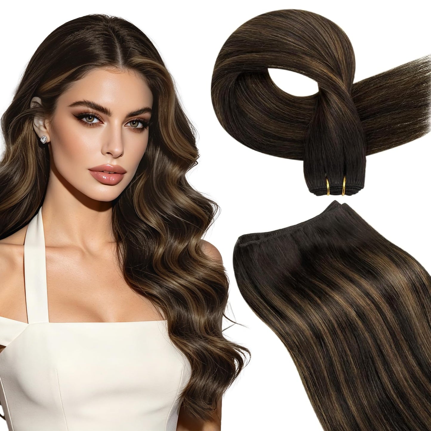 LaaVoo Weft Hair Extensions Human Hair Ombre Sew in Hair Extensions Dark Brown Mix Light Brown Hair Weft Extensions Silky Straight 12 Inch 80g