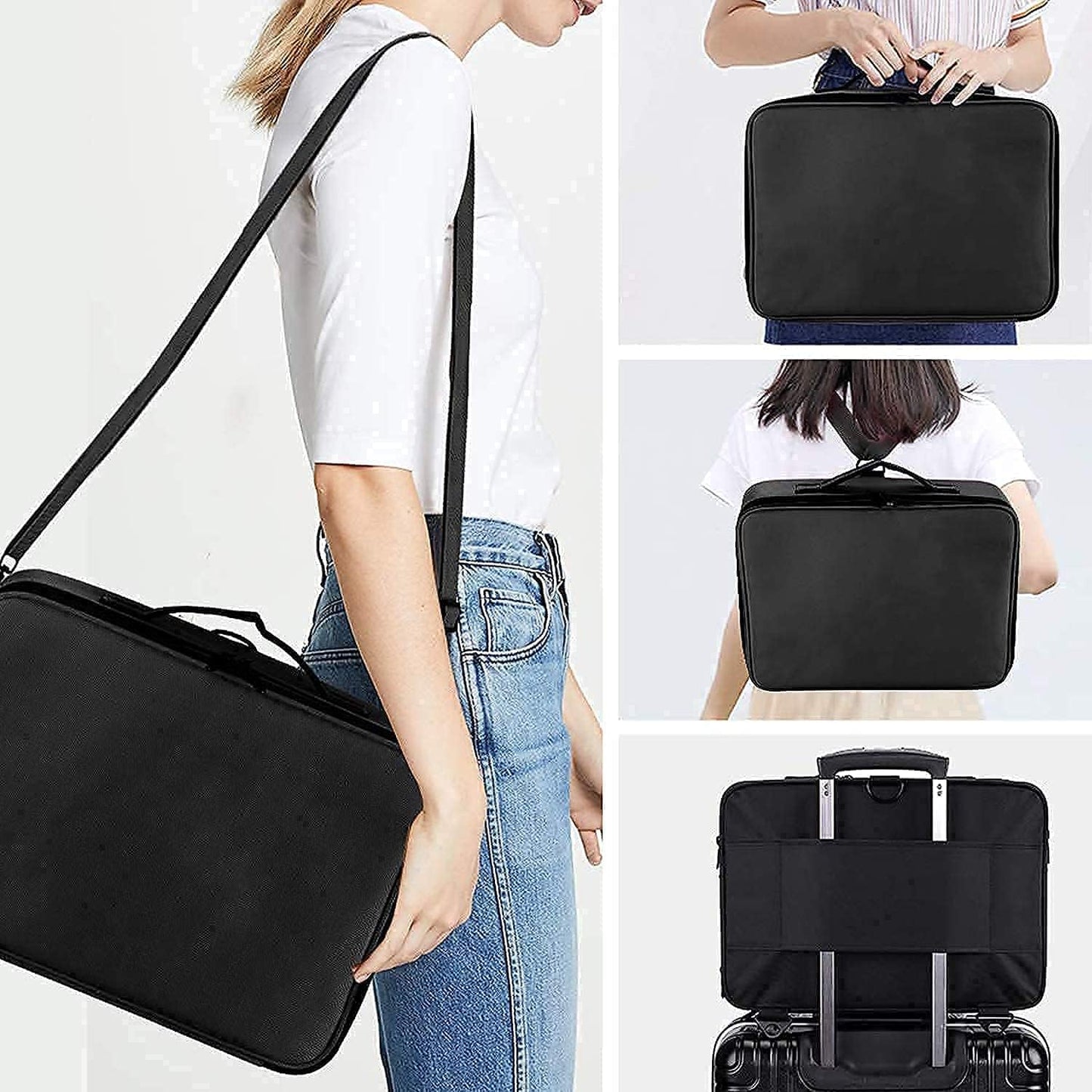 Travel Makeup Train Case - Large Capacity Cosmetic Bag Organizer for Women | Adjustable Dividers & Shoulder Strap - Black, Large