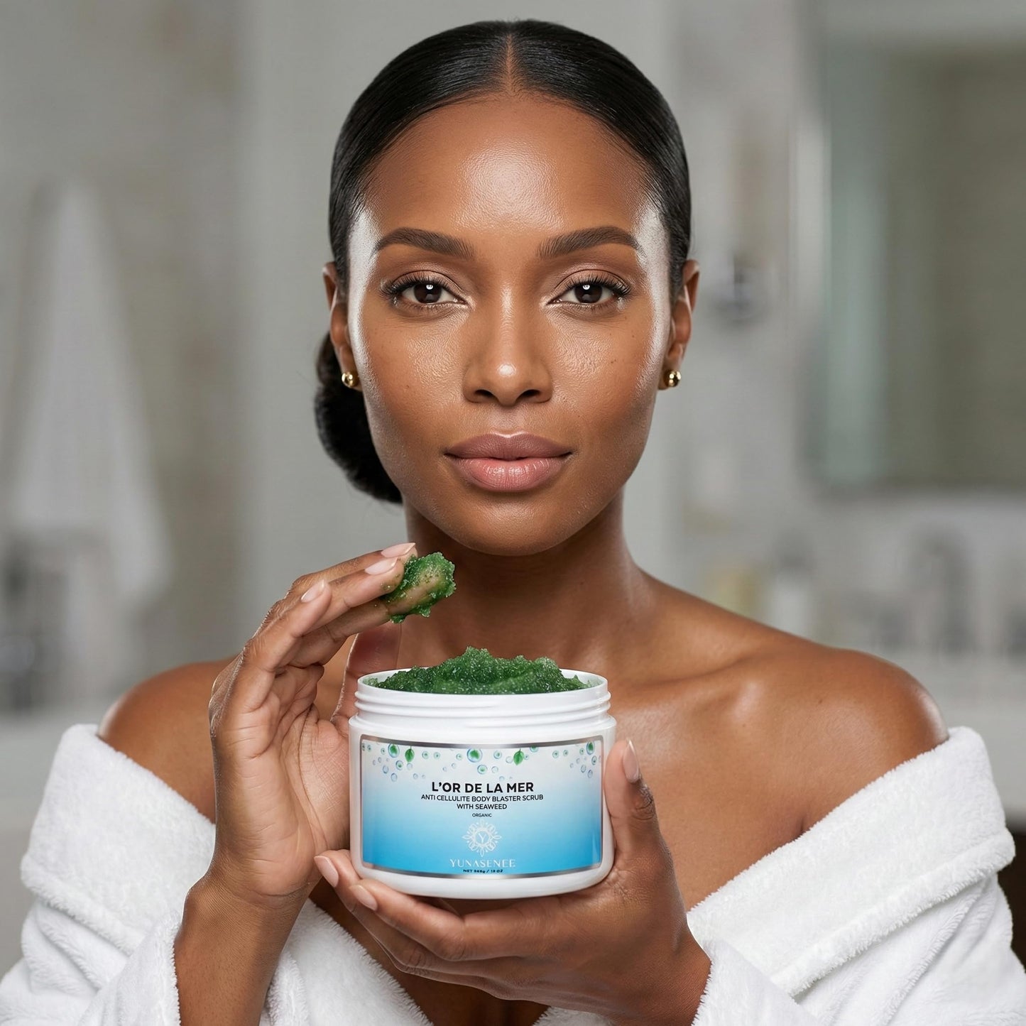 YUNASENCE L'OR DE LA MER Organic Anti Cellulite Body Blaster Scrub with Sea Salt, Seaweed, Lemongrass 13oz Smoothing Exfoliating Moisturizing Skin Massage Treatment.