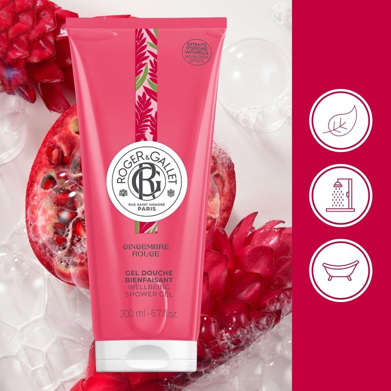 ROGER & GALLET Wellbeing Shower Gel – Plant-Based Hydrating Body Wash with Aloe Vera, Gentle Foaming Cleanser for Soft Skin (Gingembre Rouge - Red Ginger | 6.7 Oz)