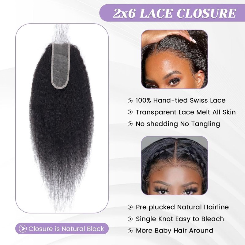 Kinky Straight Lace Closure - 2x6 HD Transparent Human Hair | Natural Black, 14 Inch Long Parting