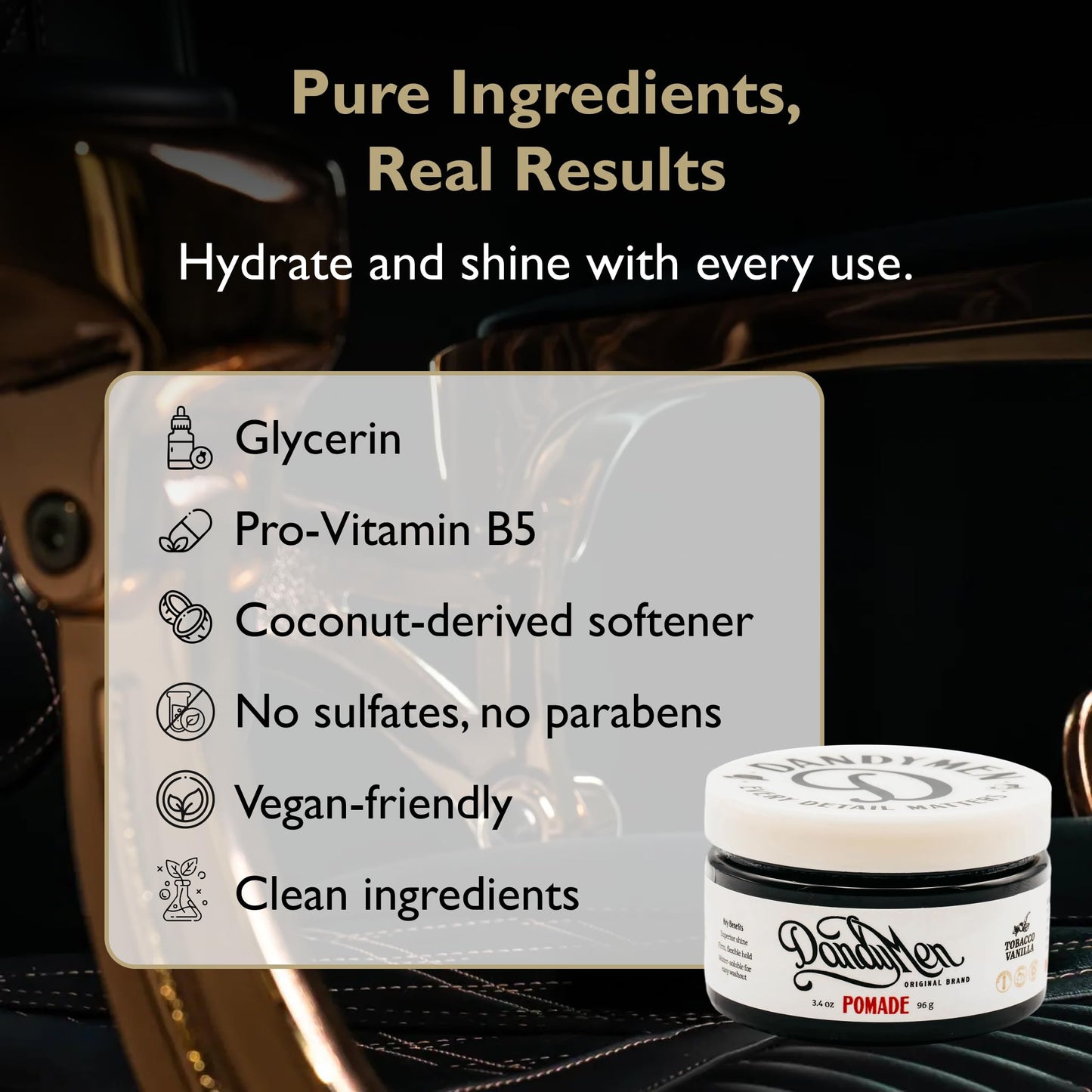 DandyMen Pomade – Strong Hold, High Shine, and Hydrating Formula with Pro-Vitamin B5 – Tobacco Vanilla Scent – 3.4 oz