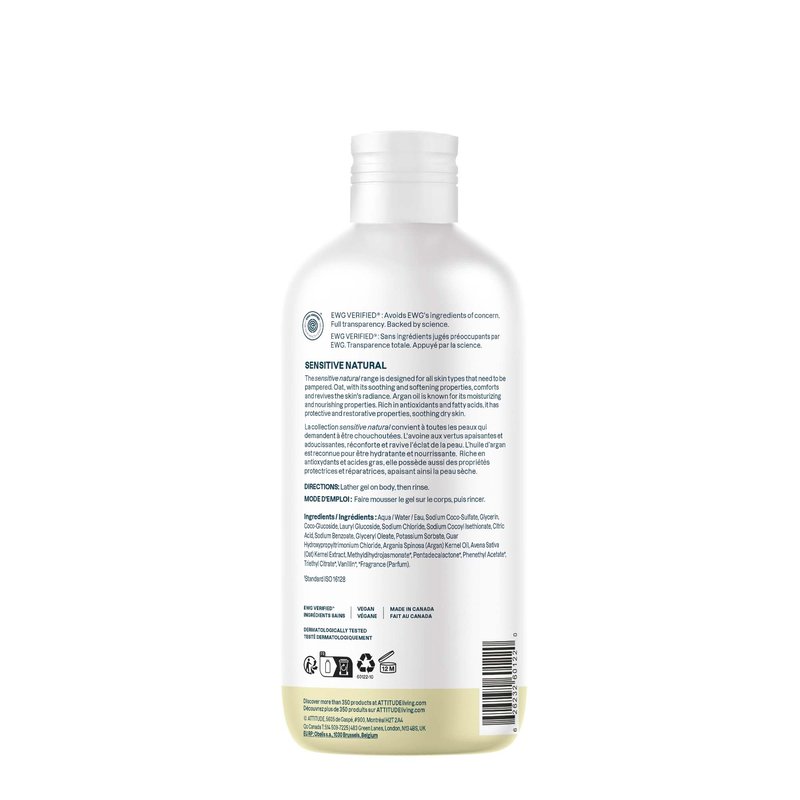 ATTITUDE Body Wash for Sensitive Skin, EWG Verified Shower Gel, Soothing Oat, Dermatologically Tested, Plant and Mineral-Based, Vegan Personal Care, Vanilla Cream Scent, 16 Fl Oz