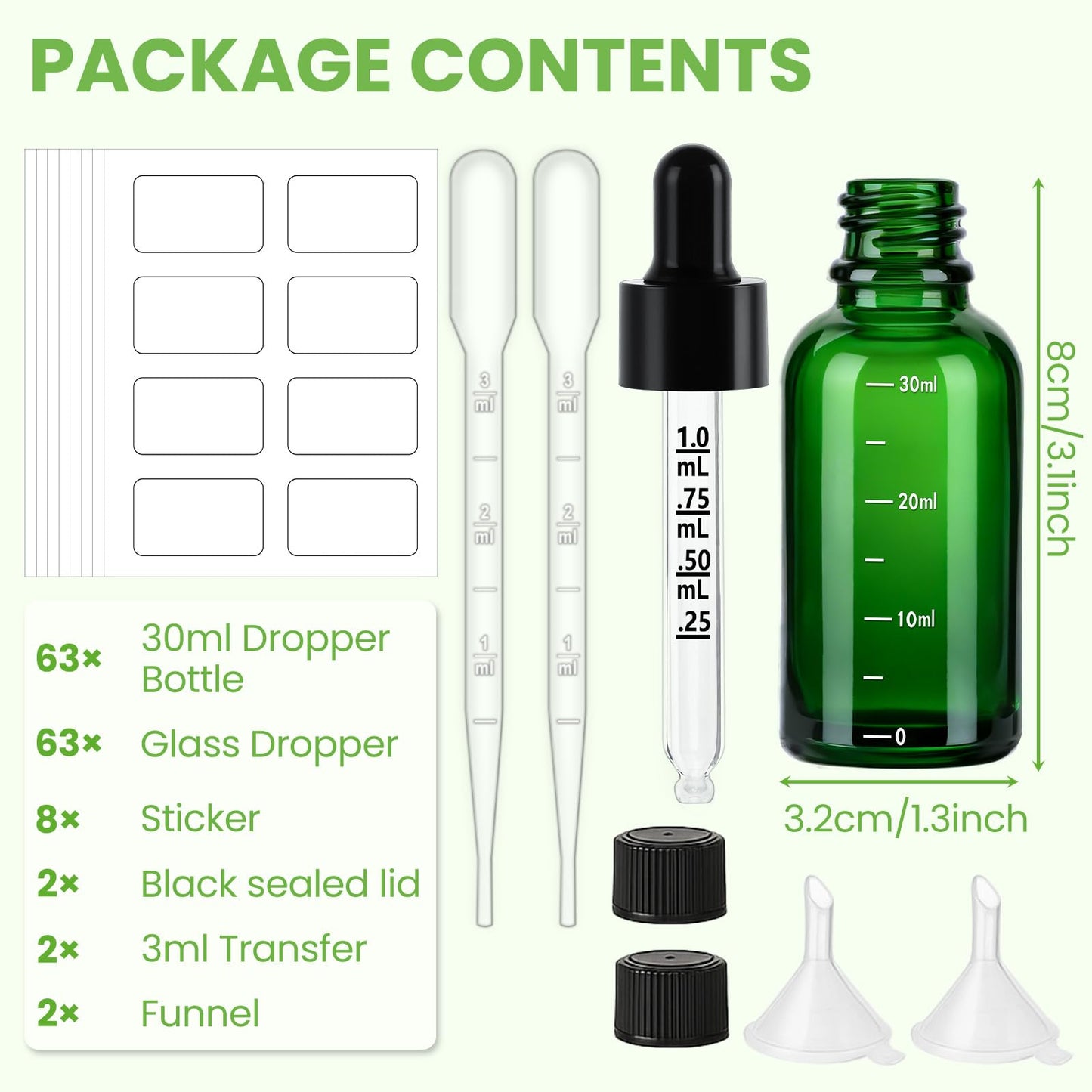 UPBUD 63 Pcs 1oz Green Glass Dropper Bottles with Measurement, 30ml Leakproof Tincture Bottles with Funnels, Eye Droppers, Extra Caps & Labels, Refillable Empty Bottles for Tinctures, Essential Oils