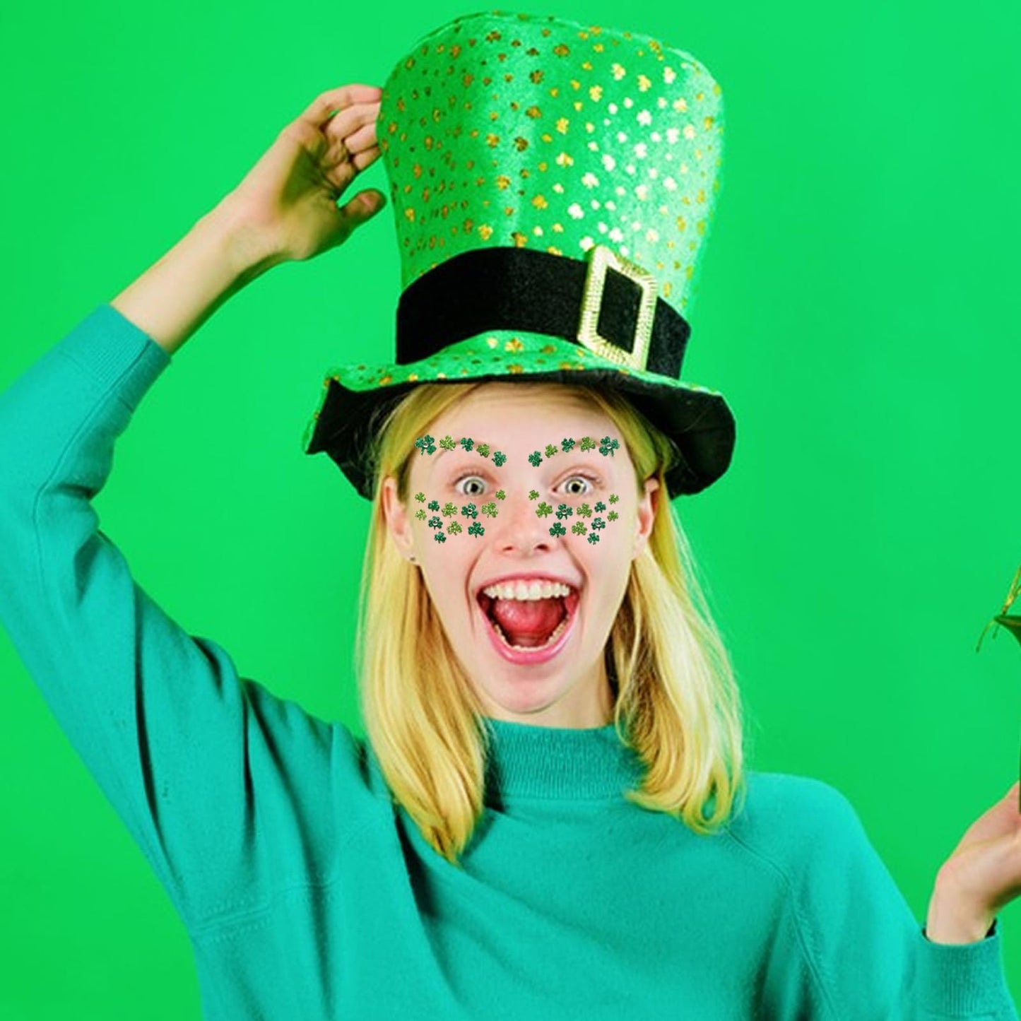 Ecuupas St. Patrick's Day Face Gems Shamrock Festival Green Glitter Clover Rhinestones Design Eyes Body Temporary Stickers for Luck Makeup Stick on Women Face Proms Decorations