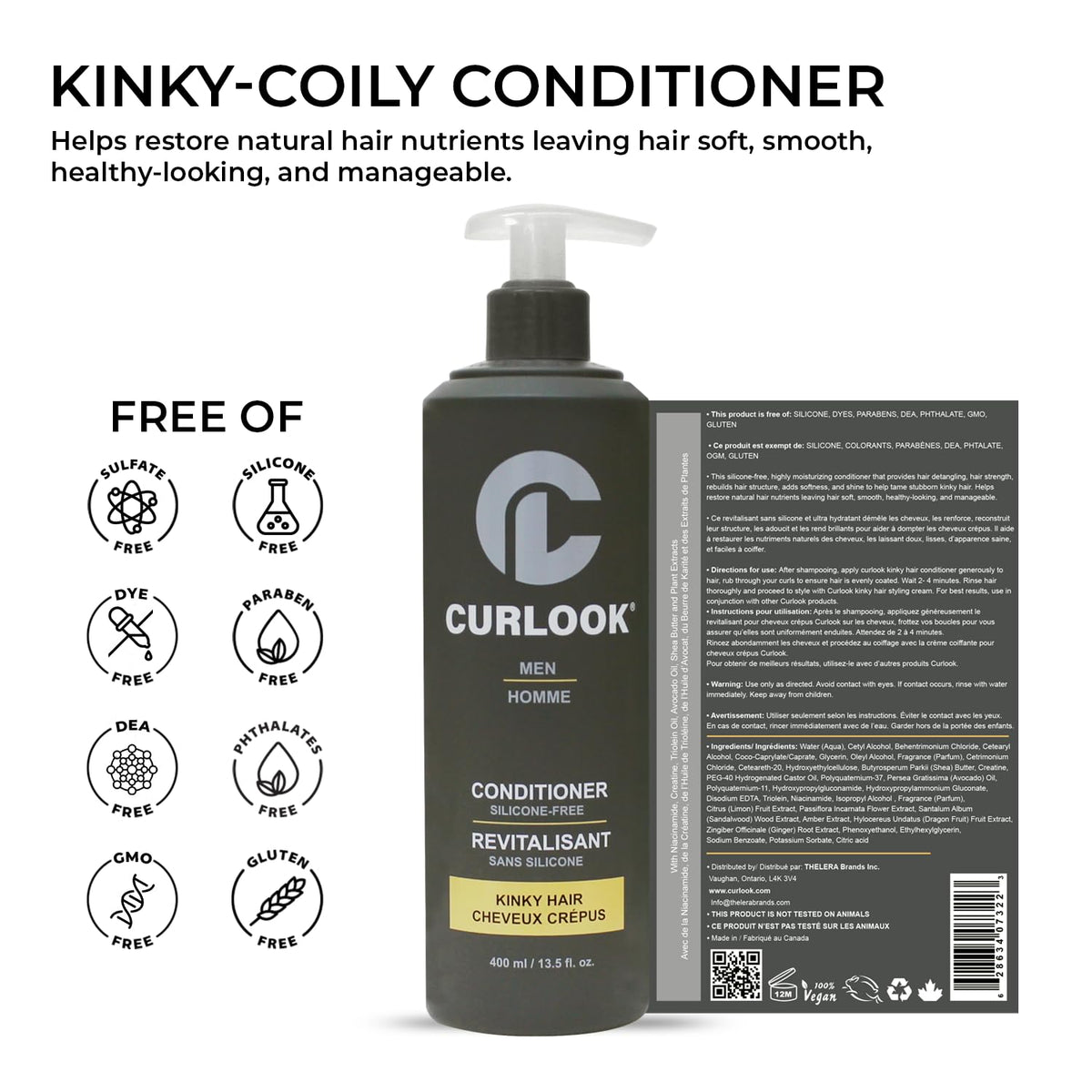 CURLOOK Kinky-Coily Hair Conditioner for Men | Silicone Free - 400ml (13.5 oz) | adds softness, and shine to help tame stubborn kinky hair | Made in Canada