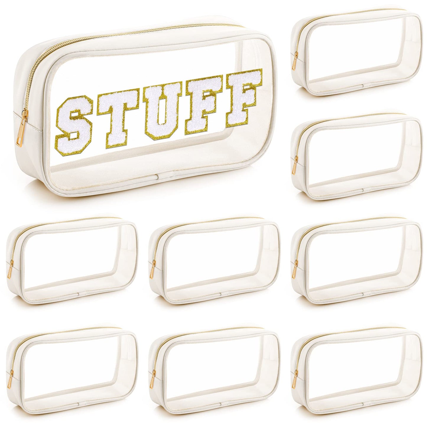Cunno 9 Pcs Preppy Clear Makeup Bag DIY Chenille Letter Pouch Large Nylon Makeup Bag Travel Toiletry Zipper Cosmetic Organizer Pouch PVC Bags for Women, 9.5 x 5.1 x 2.8 Inch(Cream White)