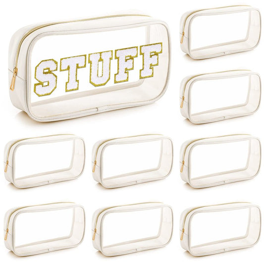 Cunno 9 Pcs Preppy Clear Makeup Bag DIY Chenille Letter Pouch Large Nylon Makeup Bag Travel Toiletry Zipper Cosmetic Organizer Pouch PVC Bags for Women, 9.5 x 5.1 x 2.8 Inch(Cream White)