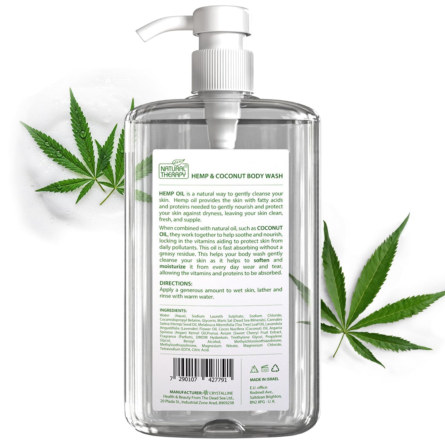 Natural Therapy Body Wash for Women and Men with Hemp & Coconut Oils - Shower Gel Cleanses and Moisturizing Skin - With Pure Dead Sea Minerals Nourish for Body - Pack of 2 (67.6 fl.oz)