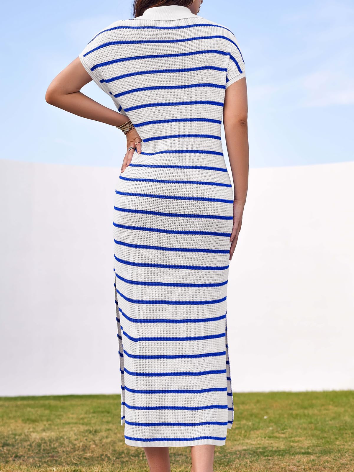 Saodimallsu Womens Striped Summer Dresses Short Sleeve V Neck Knit Collared Sexy Slit Loose Maxi Sweater Dress Blue