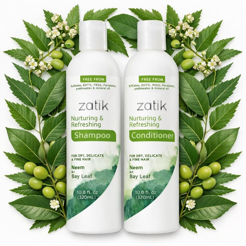 Zatik Naturals - Nurturing and Refreshing Shampoo + Conditioner Set, with Neem & Bay Leaf for Dry, Fine, Delicate Hair - Biodegradable, pH Balanced, Sulfates & Phthalates Free, 2x10.8oz (One of Each)