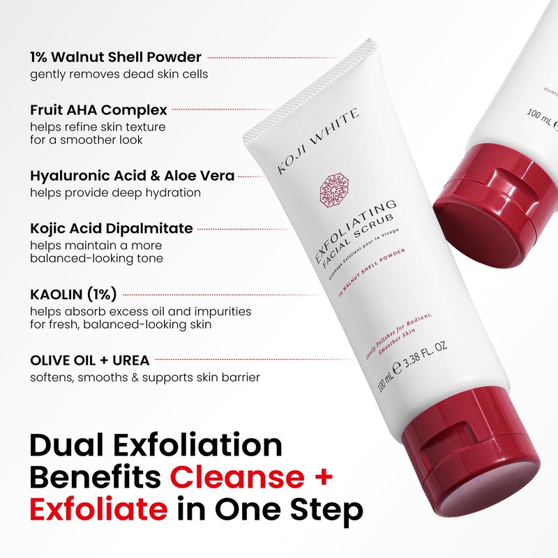 Koji White Exfoliating Facial Scrub | Kojic Acid Face Wash, Gentle Daily Scrubber & Exfoliator for Radiant with 1% Walnut Shell, AHA, Hyaluronic Acid for Uneven Skin Tone, Vegan Skincare, 3.38 Fl Oz
