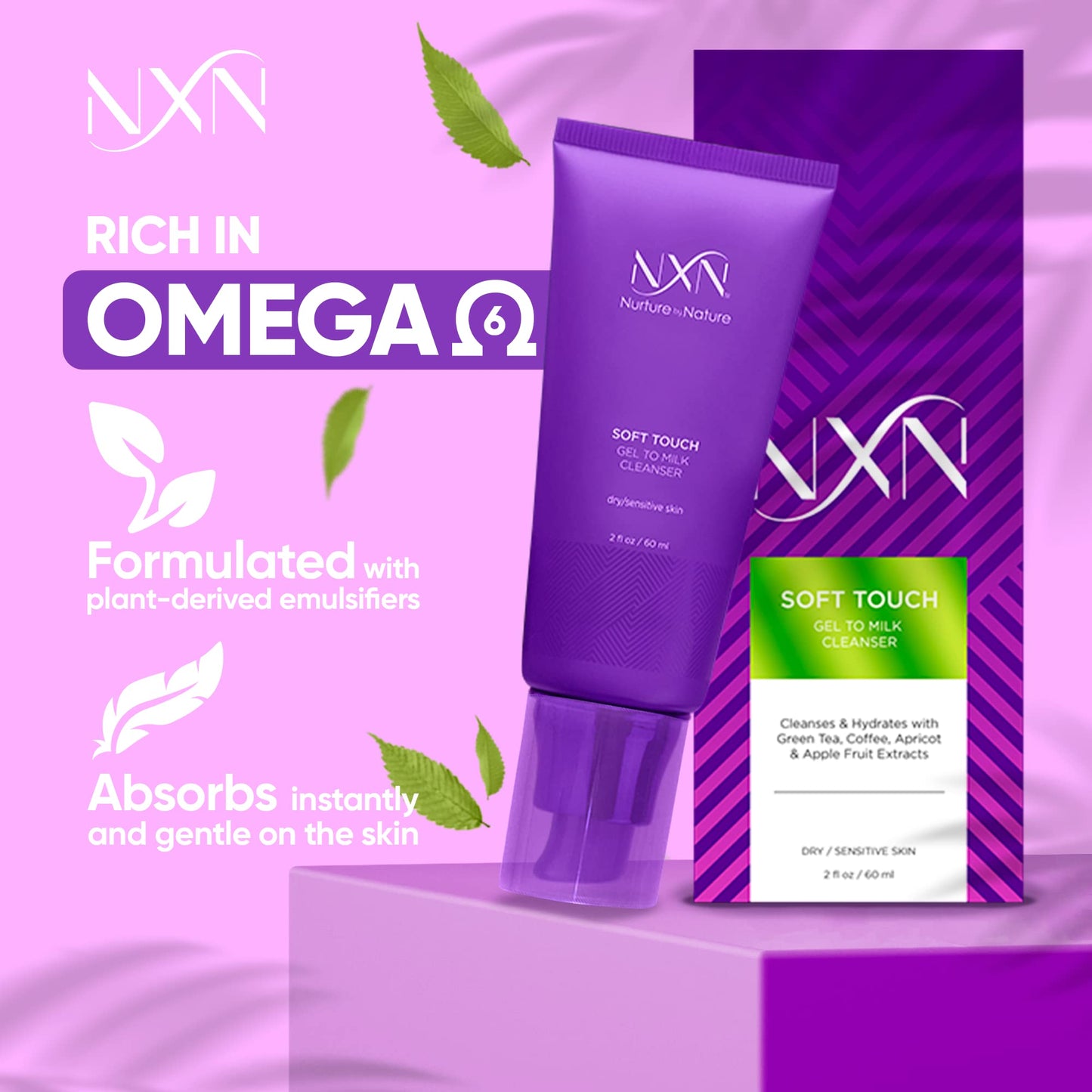 NXN Gel-to-Milk Facial Cleanser - Gentle, Daily Face Wash, For Hydrating Dry and Sensitive Skin, Fresh Scent, 2 Fl Oz