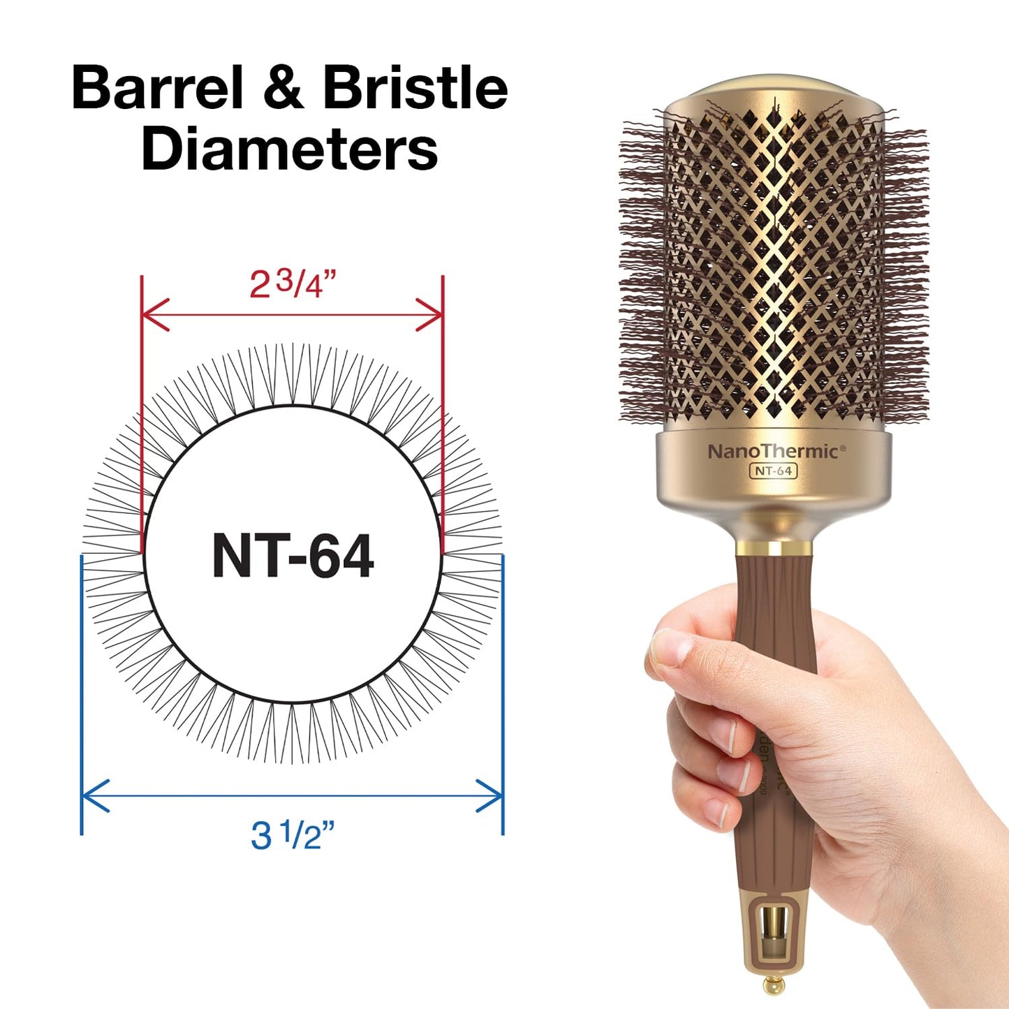 Olivia Garden NanoThermic Ceramic + Ion Round Thermal Hair Brush - Not Electrical - Professional Blowout Brush for Normal to Thick Hair, NT-64 2 3/4"