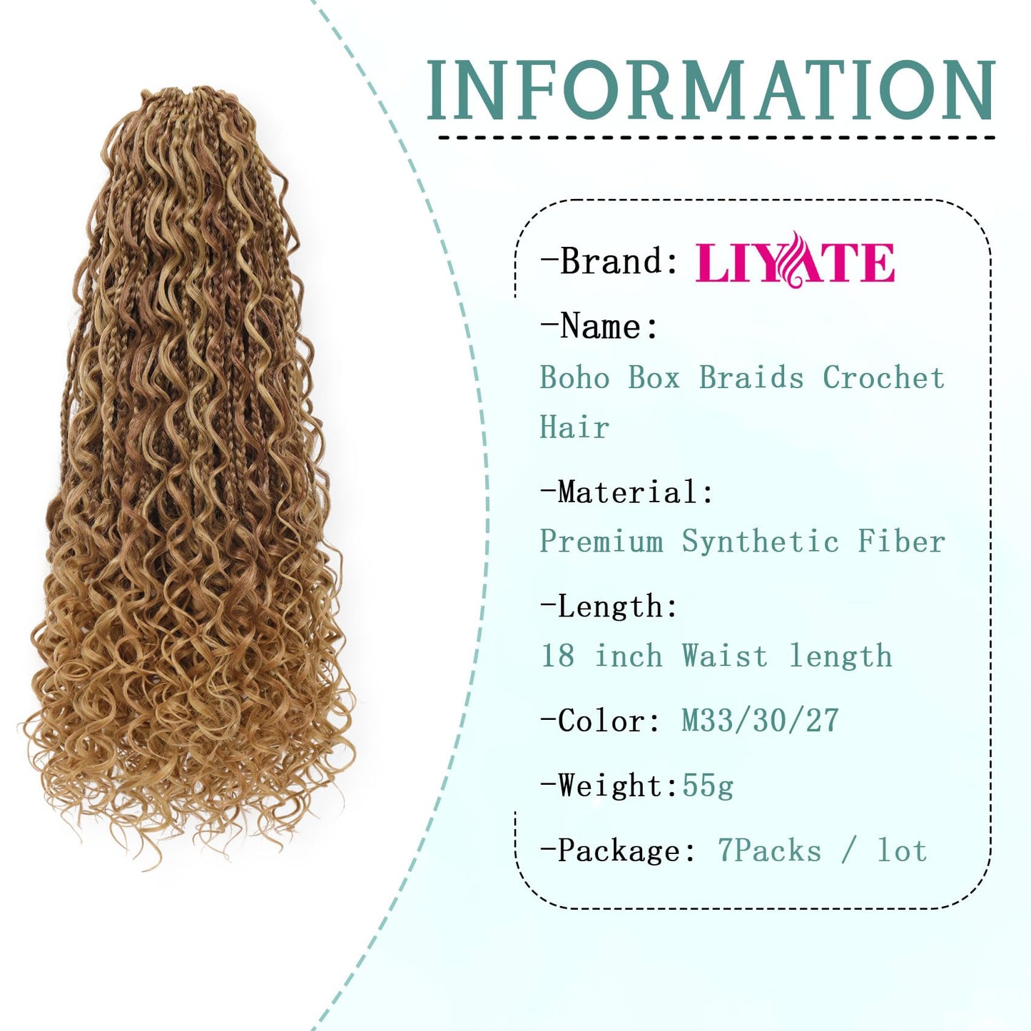 Goddess Bohemian Box Braids Crochet Hair - 18 Inch Crochet Braids with Curly Ends, 7 Packs Synthetic Braiding Hair Extensions for Black Women, M33/30/27
