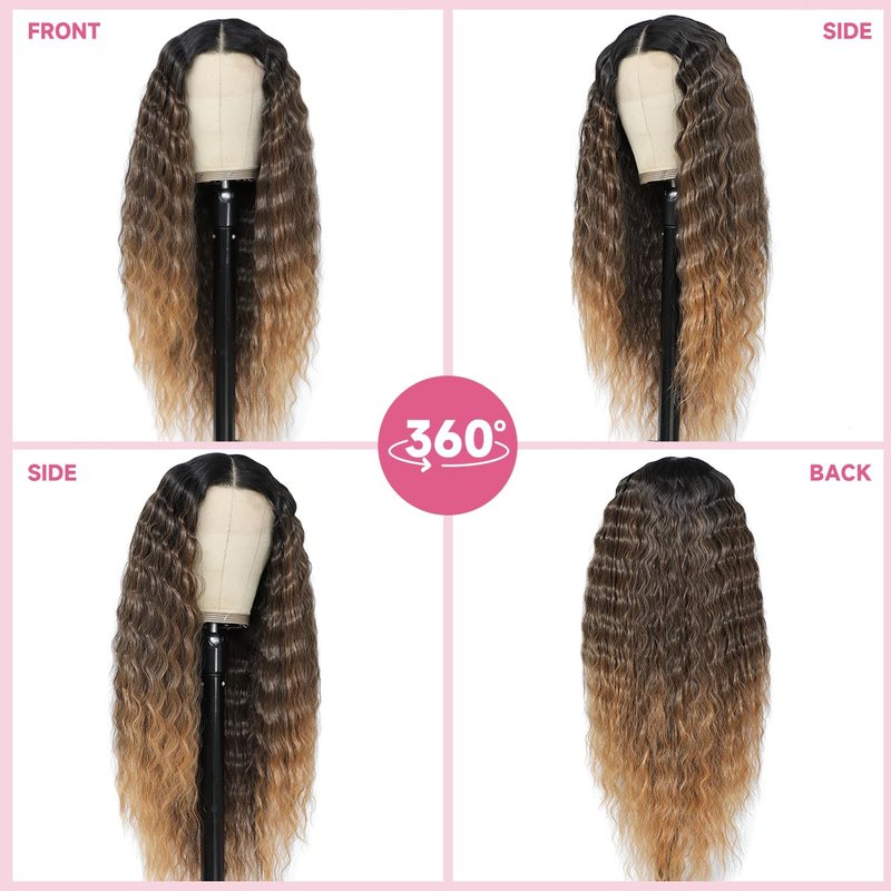 Civrie 30 Inch Lace Front Wigs Synthetic Hair Wigs for Balck Women,13x4x1 T Part Curly Lace Wigs, Ombre Light Brown Crimped Deep Wave Culrs Curly Wigs for Daliy Use, Korean Fiber Curly Wigs