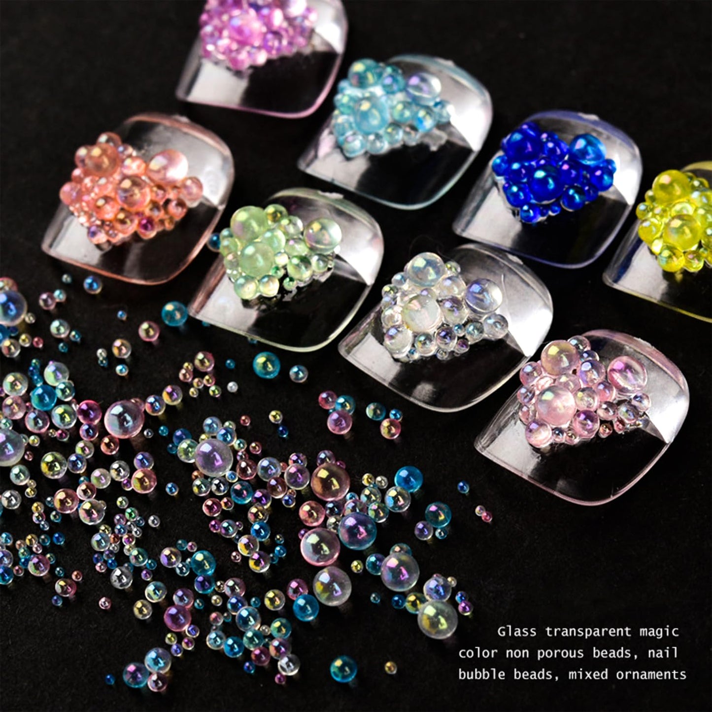 SILPECWEE 9 Boxes Mermaid Bubble Beads for Nails, Iridescent Circular Nail Rhinestones Aurora Caviar Beads Nail Pearl Crystal Diamond 3D Nail Charms Nail Decorations for Makeup DIY Accessories