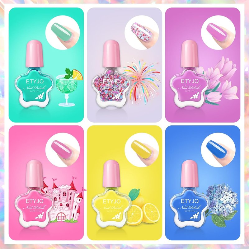 Kids Non-Toxic Nail Polish Set - Water-Based Peel Off Quick Dry 6 Colors | Perfect Birthday Gift for Ages 3+