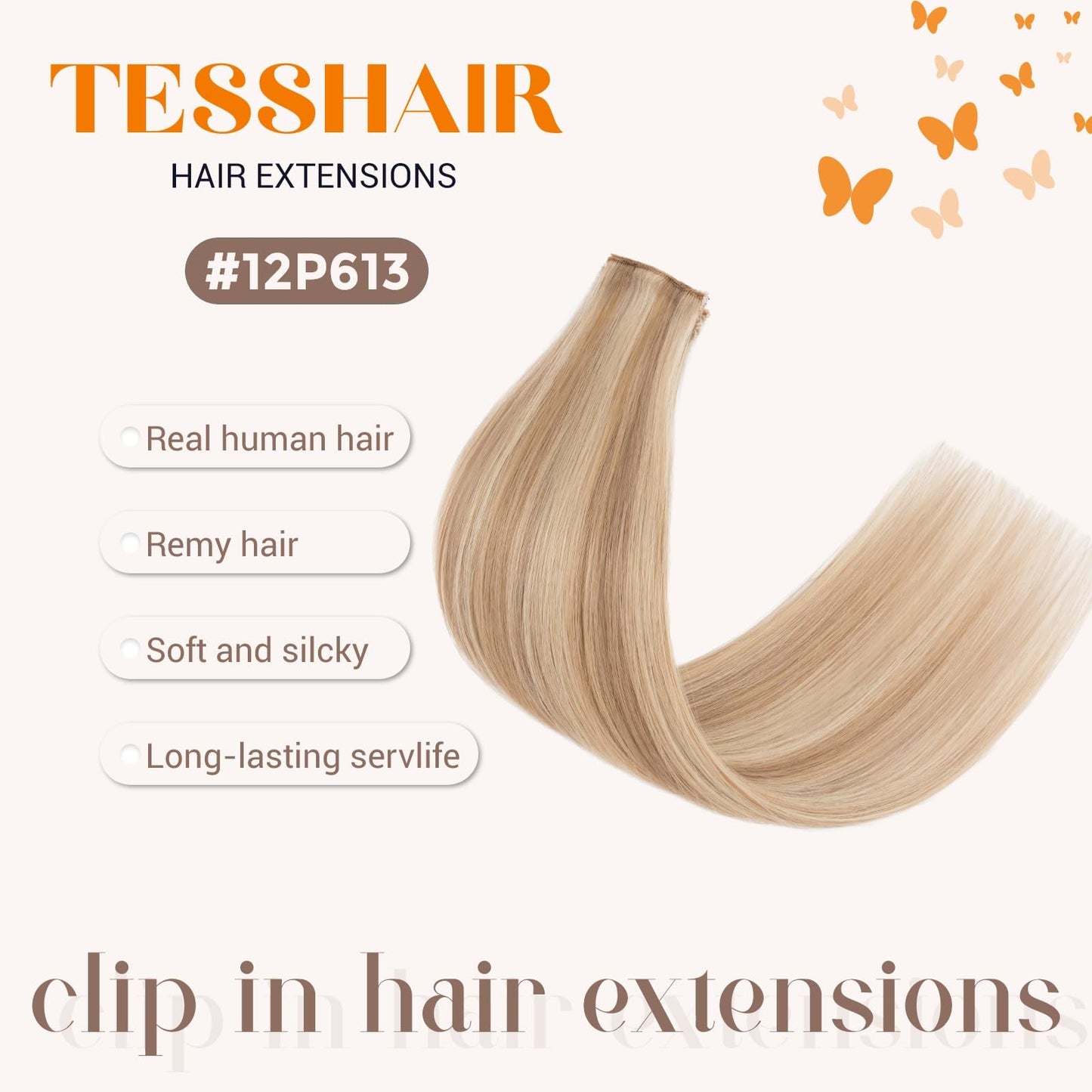 TESSHAIR 6PCS Clip in Hair Extensions Real Human Hair Short Clip in Extensions for Women Short Straight Hairpieces to Add Volume and Highlights 14 Inch Golden Brown & Bleach Blonde
