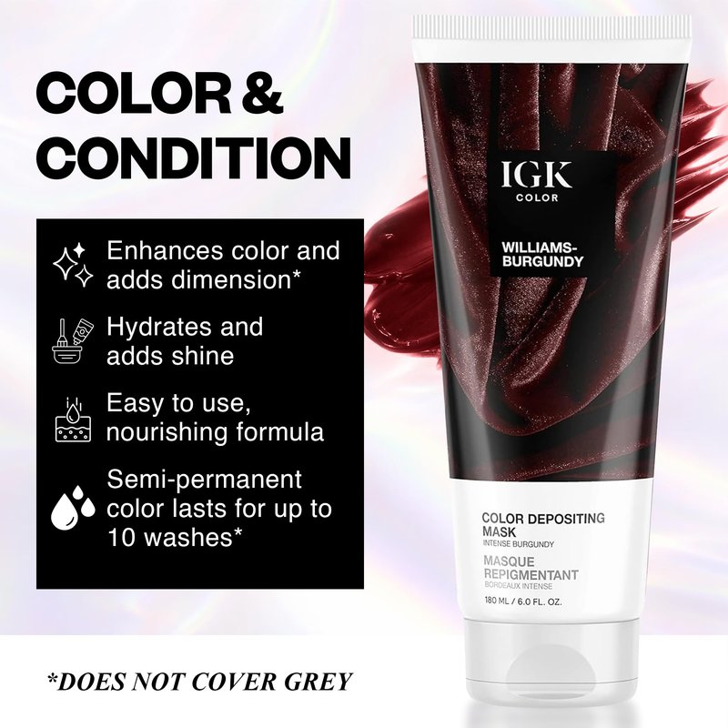 IGK Williams Burgundy | Intense Burgundy Hair Gloss + Color Depositing Mask | Boost Shine, Enhance Burgundy & Wine Tones, Refresh Color | Semi Permanent Conditioning Treatment | Vegan | 6 oz