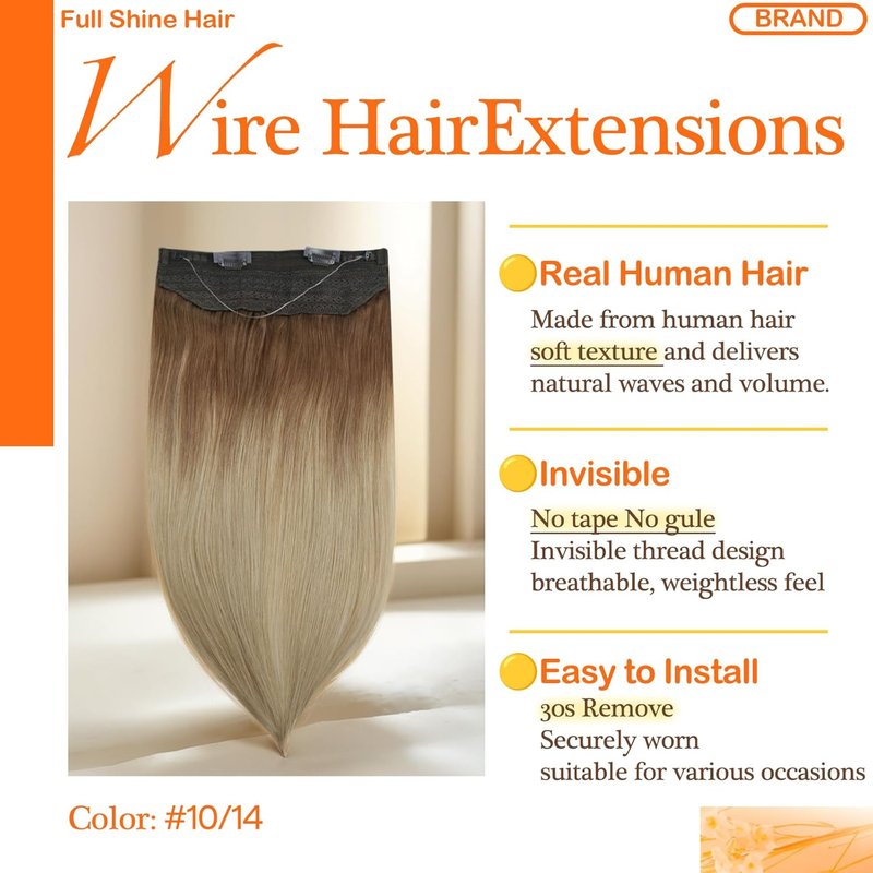 Invisible Wire Hair Extensions - 12 Inch Real Human Hair | Golden Brown to Dirty Blonde, 70g Fishing Line Secret Hairpiece