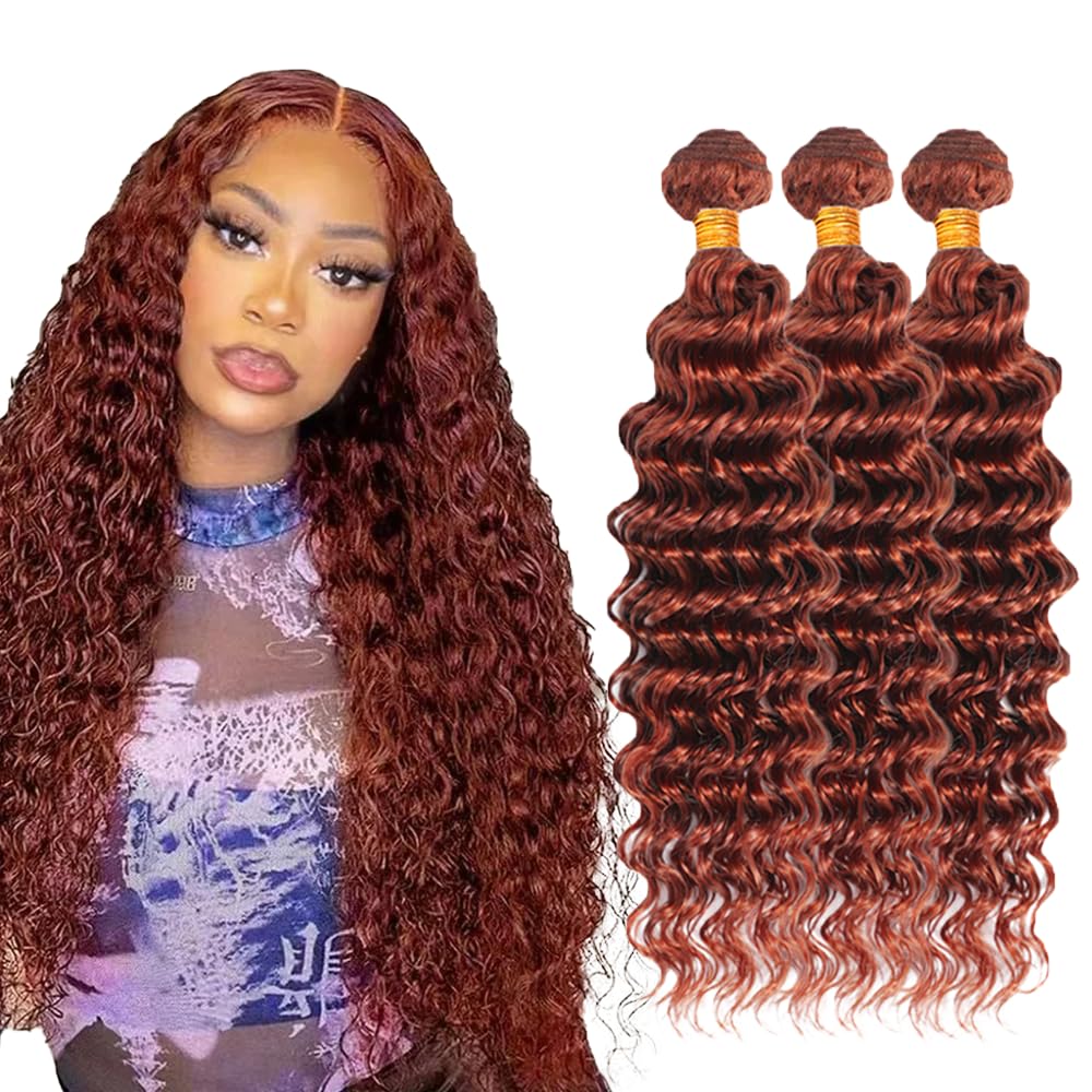 Auburn Deep Wave Bundles Human Hair Color 33 Bundles 16 18 20 Inch Huxowax Peruvian Virgin Remy Hair Extensions Double Weft Copper Red Deep Wave Bundle